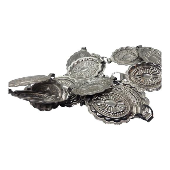 Silver Concho Link Belt Navajo Style Oval Stamped Medallion Chain Adjustable 36\